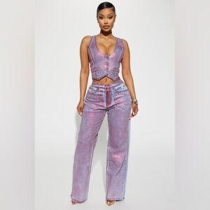 Stylish Red Foil Denim Vest and Pants Set